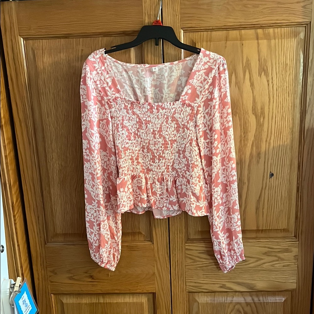 SHEIN Pink Floral Smocked Blouse